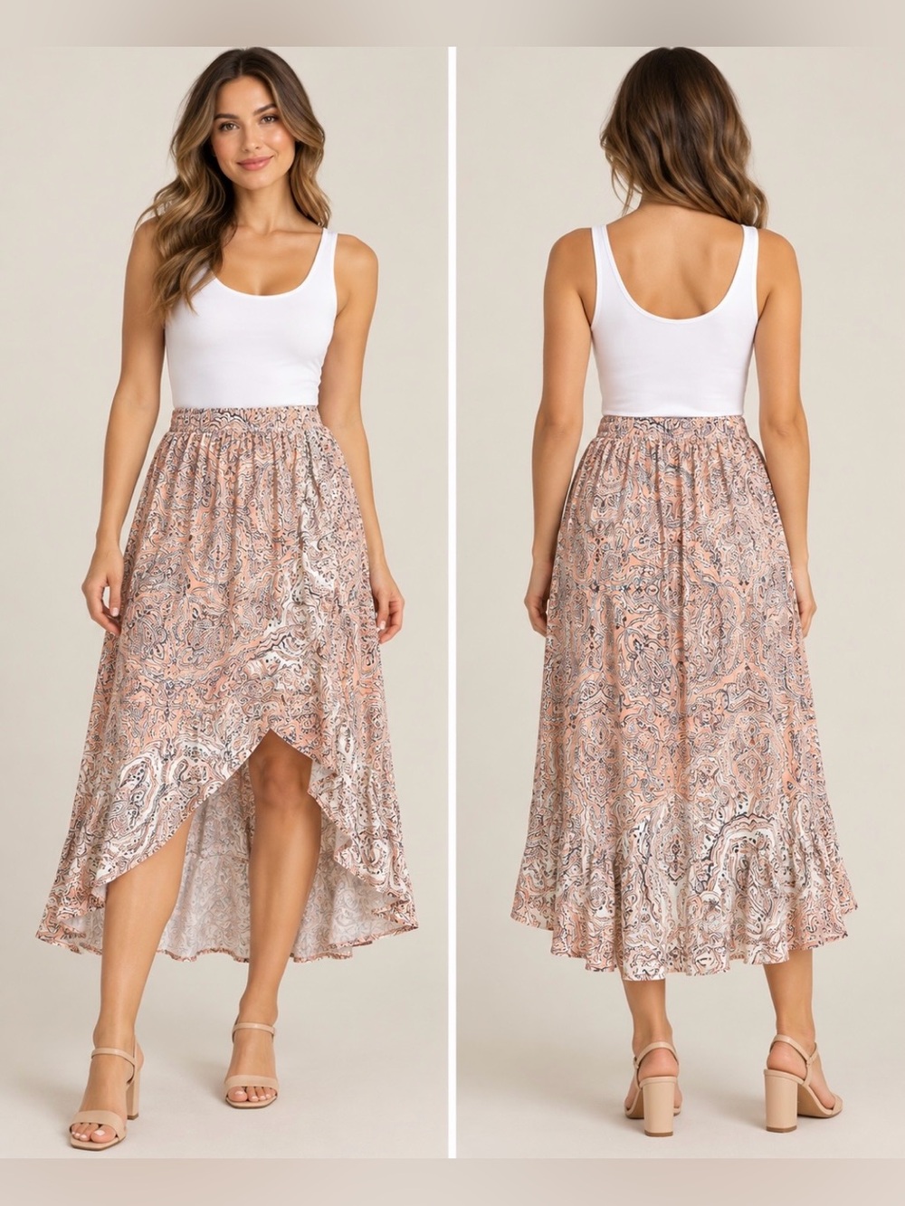 Paisley High Low Maxi Skirt Size Medium Blush Boho Built In Slip